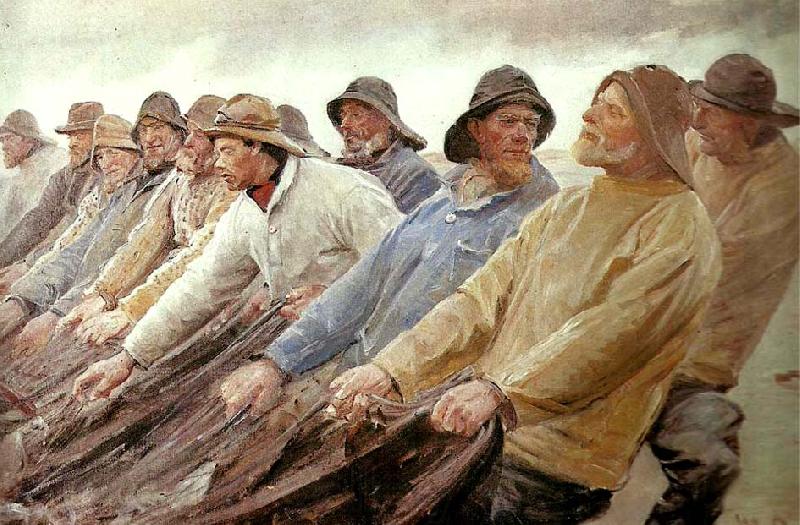 Pêcheurs tirant une senne à Skagen - Michael Peter Ancher image 1 reproduction de peinture à l’huile