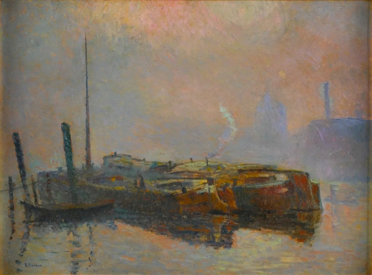 Péniches dans la brume - Robert Antoine Pinchon image 1 copie peinte à la main à l’huile