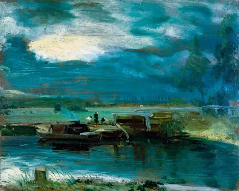 Péniches sur la Stour avec l'église de Dedham au loin - John Constable