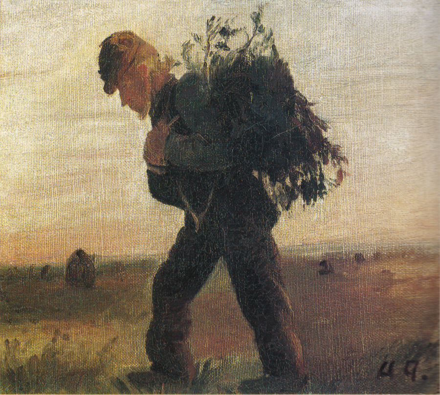 Per Bollerhus, son fagot de brindilles à la main, traversant la lande - Anna Ancher