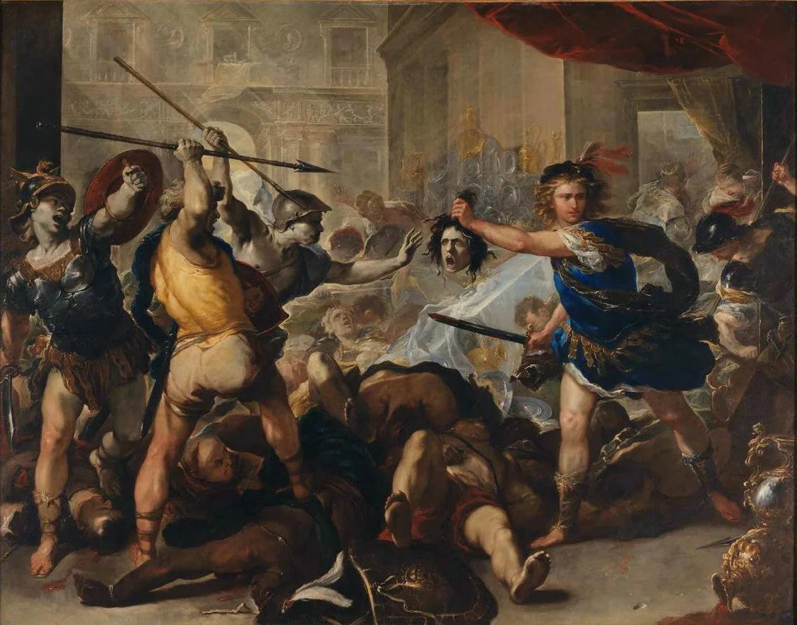 Persée changea Phinée et ses compagnons en pierre - Luca Giordano image 1 copie peinte à la main à l’huile