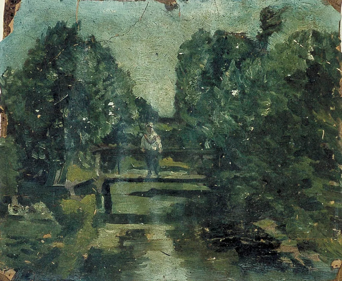 Personnage sur un pont dans une forêt - Theo van Doesburg image 1 reproduction de peinture à l’huile
