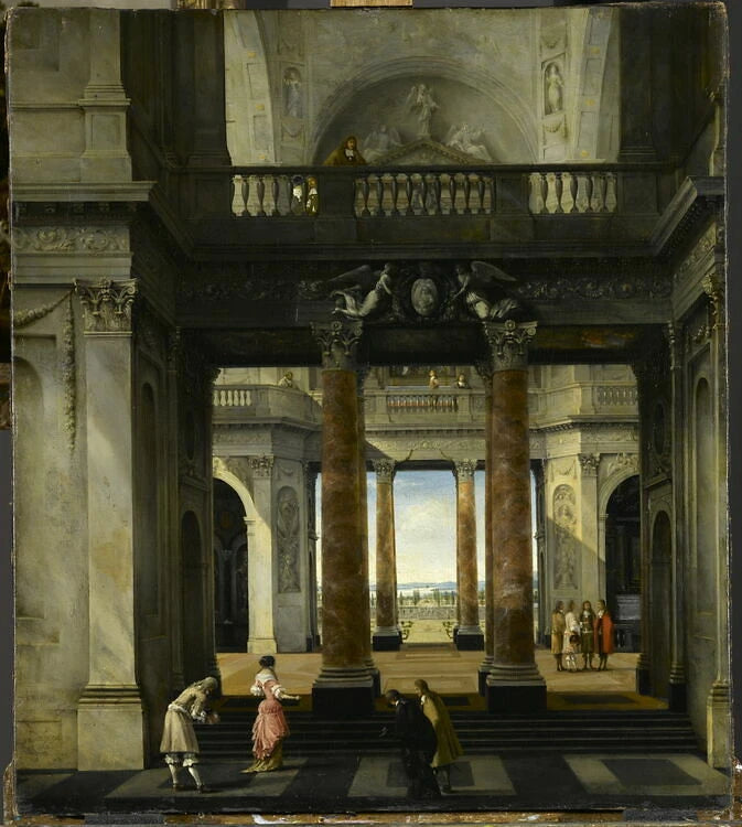 Personnages de distinction dans une architecture palatiale de fantaisie, avec portique et échappée sur un jardin - Isaack van Nickele