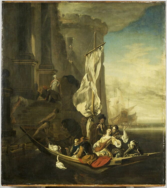 Personnages de fantaisie dans une barque avec une joueuse de cistre - Jan Weenix