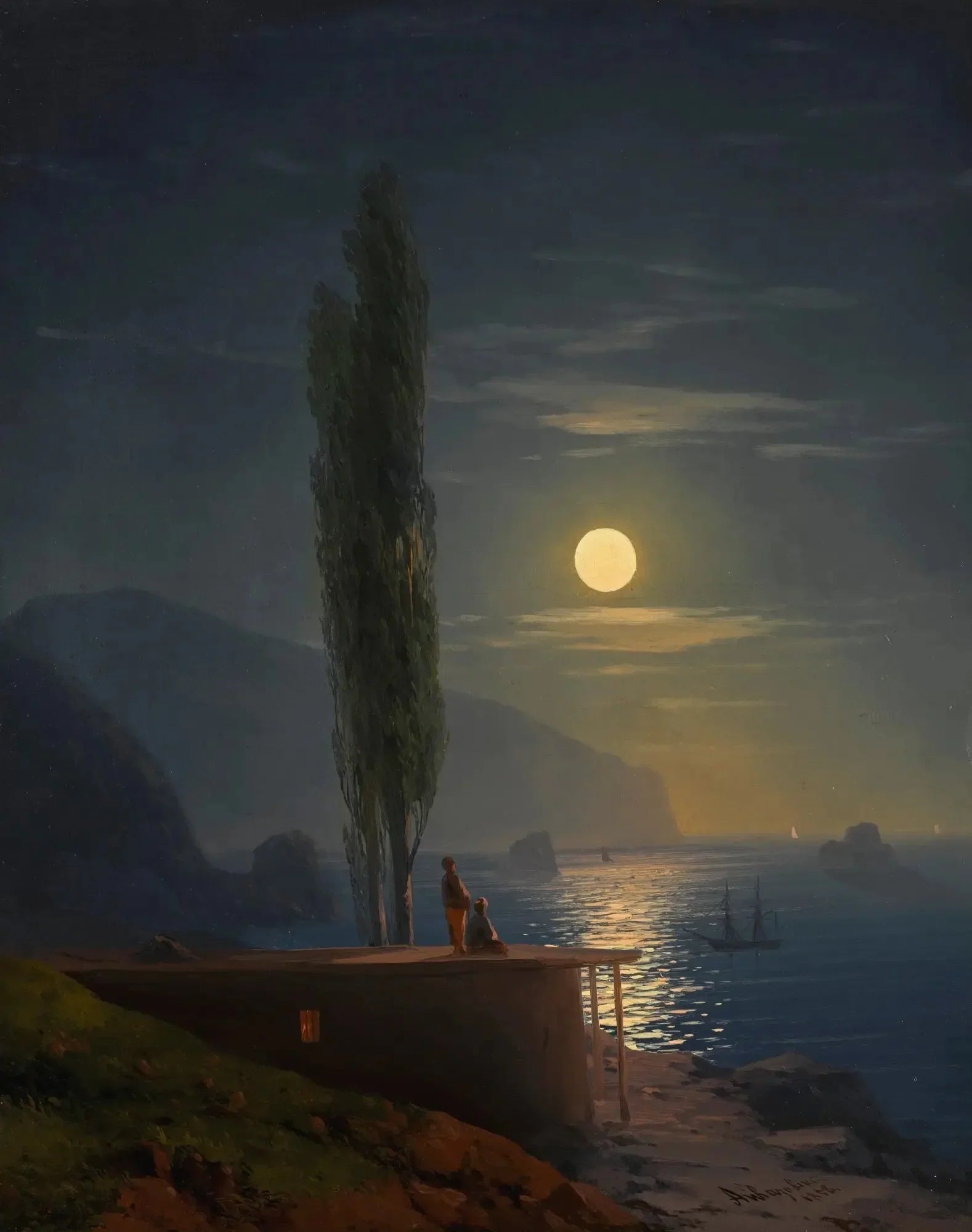 Personnages sur une côte éclairée par la lune - Ivan Aïvazovski image 1 reproduction de peinture à l’huile