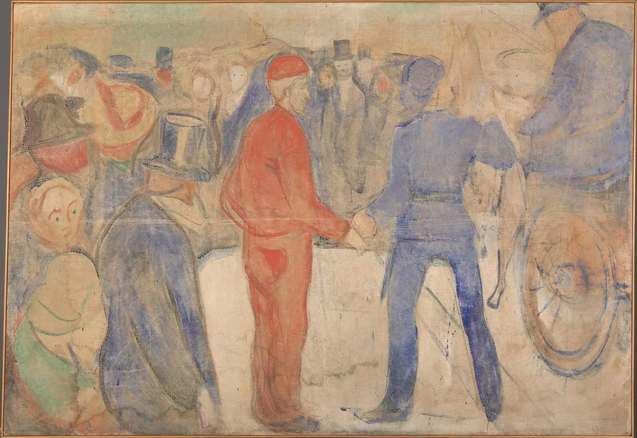Personnes s'attroupant autour d'un homme en rouge - Edvard Munch