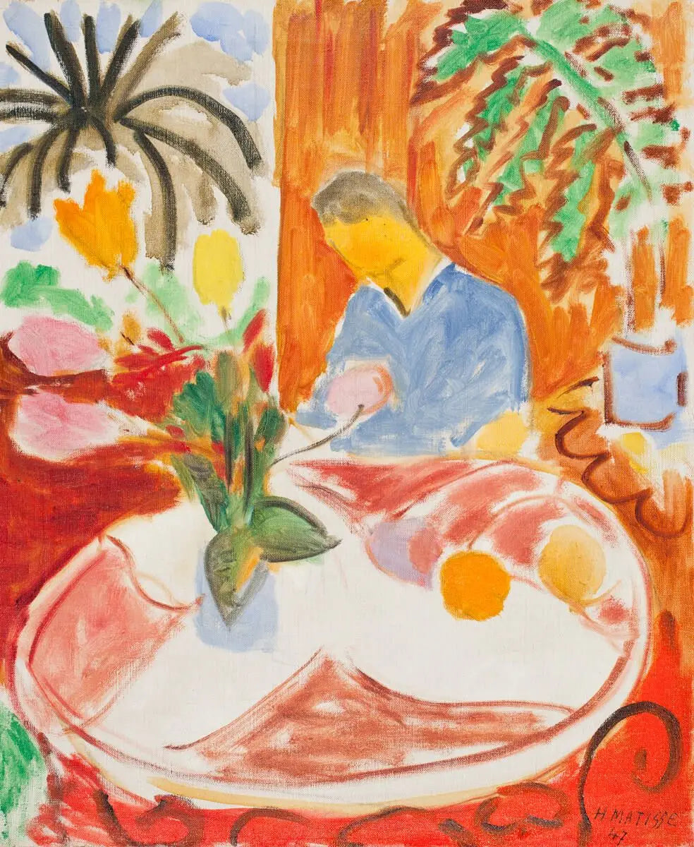 Petit Intérieur à la Table de Marbre Ronde, Palmiér et Personnage - Henri Matisse image 1 copie de tableau peinte à la main