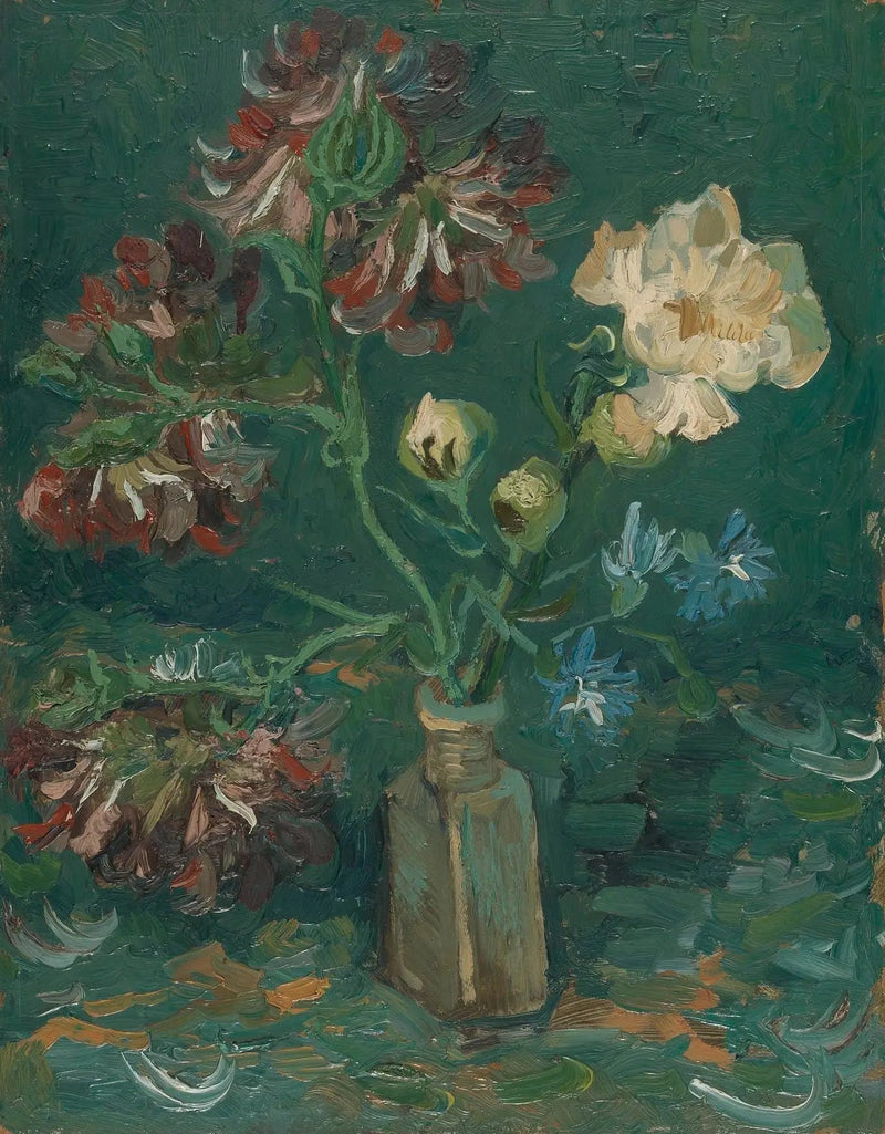 Petite bouteille avec pivoines et delphiniums bleus - Vincent van Gogh