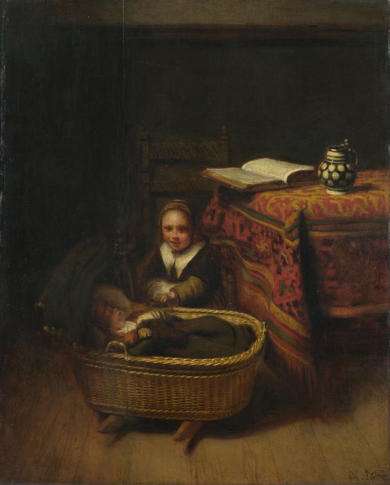 Une petite fille berçant un berceau - Nicolas Maes