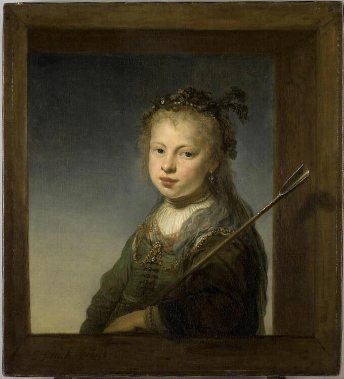 Petite fille en bergère, dans l'encadrement d'une baie - Govert Flinck