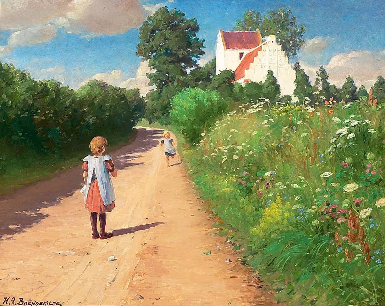 Petites filles jouant devant l'église de Brændekilde par une chaude journée d'été. - H. A. Brendekilde image 1 reproduction artisanale de tableau
