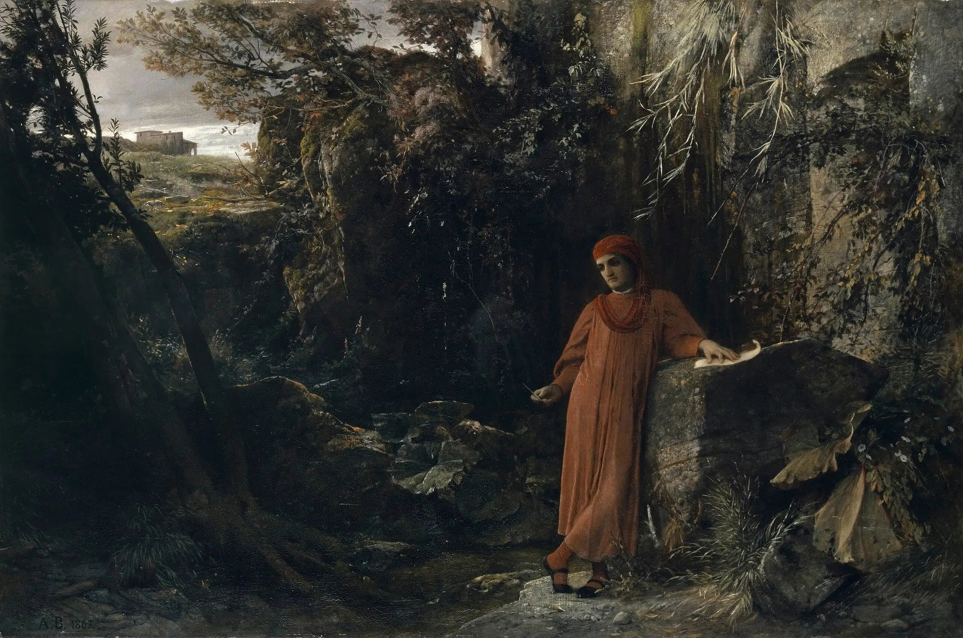 Pétrarque à la fontaine de Vaucluse - Arnold Böcklin image 1 copie de tableau peinte à la main