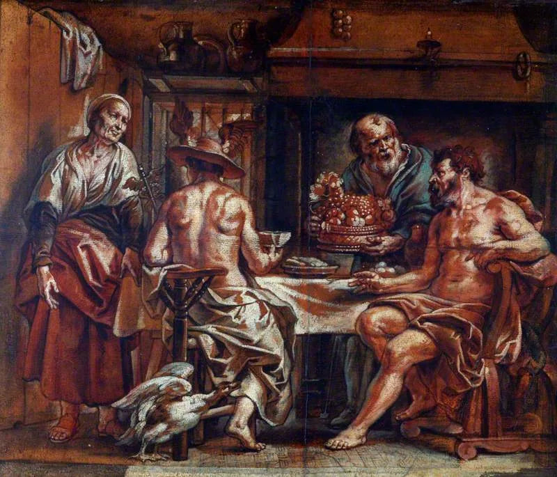 Philémon et Baucis recevant Jupiter et Mercure (extrait des « Métamorphoses » d'Ovide, VIII, 620–724) - Jacob Jordaens image 1 reproduction artisanale de tableau
