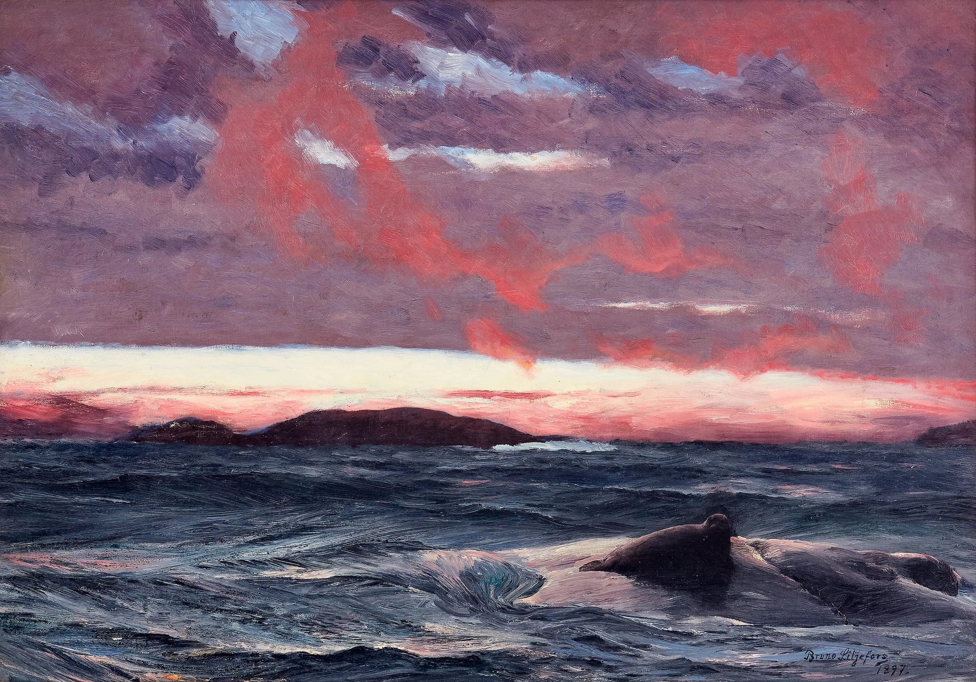 Phoque sur un îlot au coucher du soleil - Bruno Liljefors image 1 reproduction artisanale de tableau