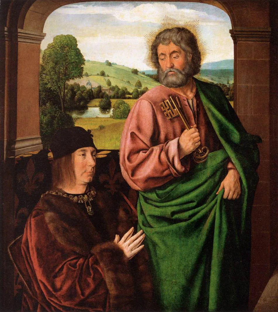 Pierre II, sire de Beaujeu, duc de Bourbon, présenté par saint Pierre - Jean Hey image 1 reproduction artisanale de tableau
