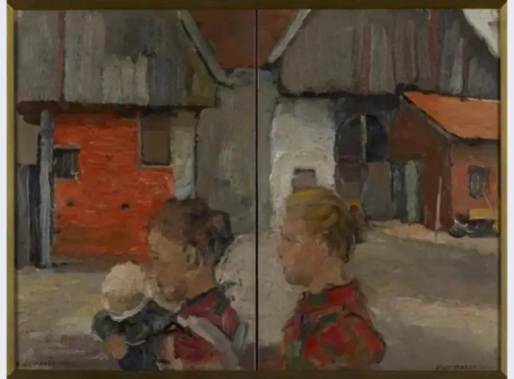 Pignons arrière de bâtiments agricoles avec personnages - Piet Mondrian image 1 copie de tableau peinte à la main