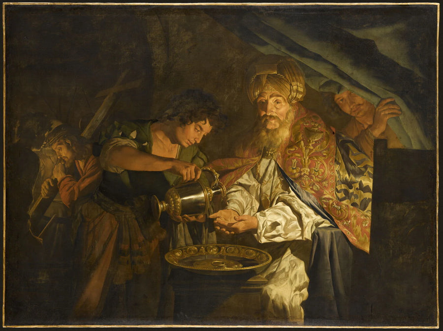 Pilate se lavant les mains ; à l'arrière-plan, le Christ portant sa croix - Matthias Stom