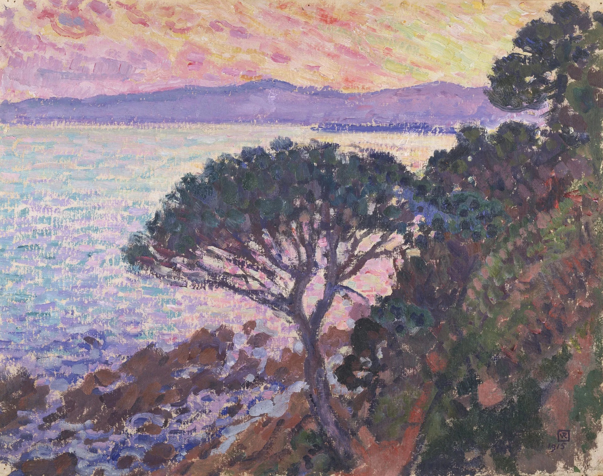 Pin parasol au bord de la mer - Théo van Rysselberghe image 1 copie peinte à la main à l’huile