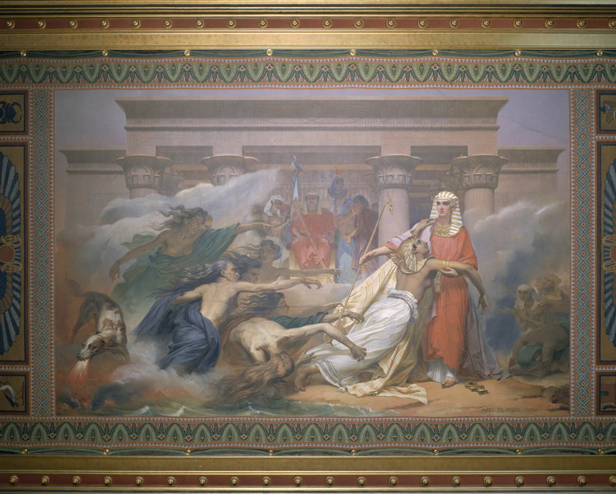 Plafond : L'Égypte sauvée par Joseph. Voussures : quatre scènes de la vie de Joseph peintes en trompe-l'oeil de bas-relief en bronze (Joseph gardant les troupeaux ; Joseph vendu par ses frères ; Joseph expliquant le... - Alexandre-Denis Abel de Pujol