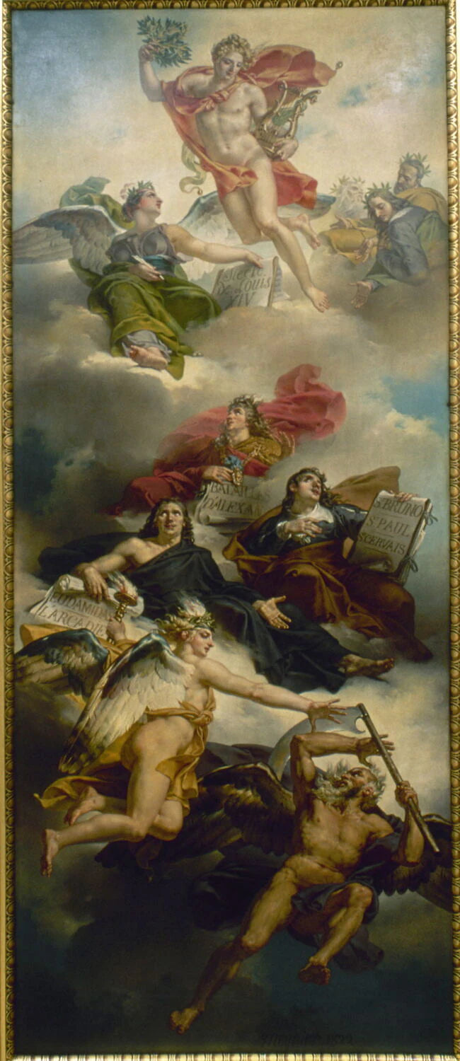 Plafond : Le triomphe de la peinture française : apothéose de Poussin, de Le Sueur et de Le Brun. Voussures : Attributs relatifs au sujet du plafond, et médaillons représentant les portraits des grands peintres français du 17e au 19e... - Charles Meynier