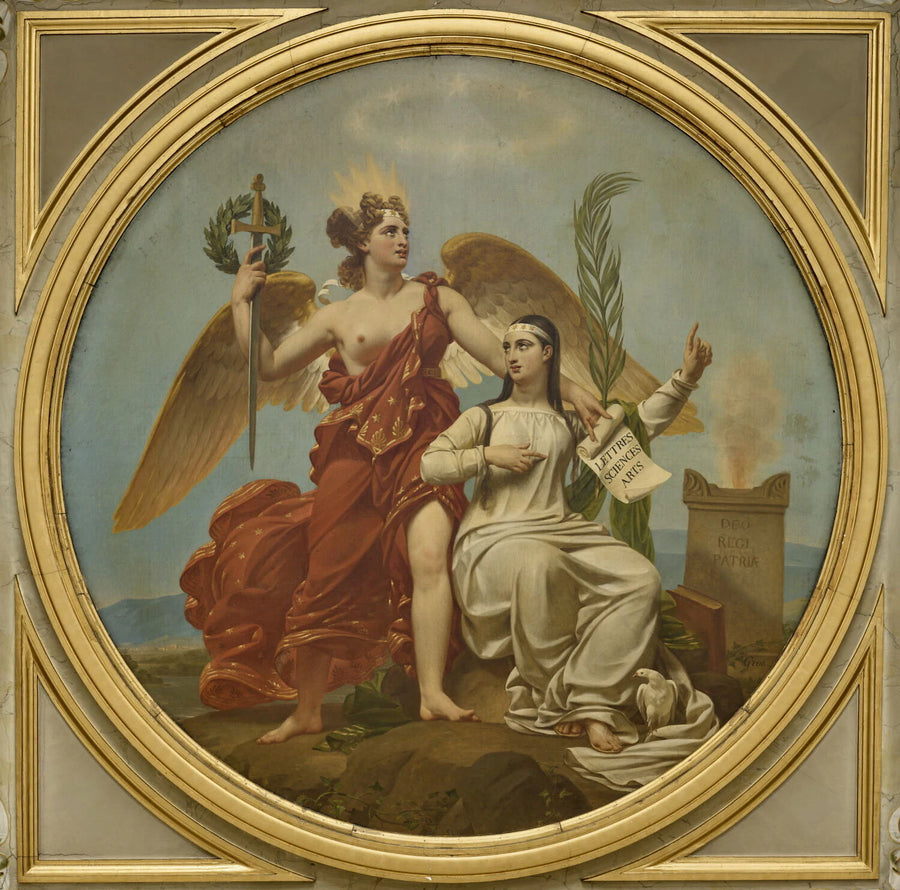Plafond : La véritable Gloire s'appuie sur la Vertu (au centre). Mars, couronné par la Victoire, écoutant la Modération, arrête ses coursiers et baisse ses javelots (à gauche). Le Temps élève la Vérité vers les marches du... - Antoine-Jean Baron Gros