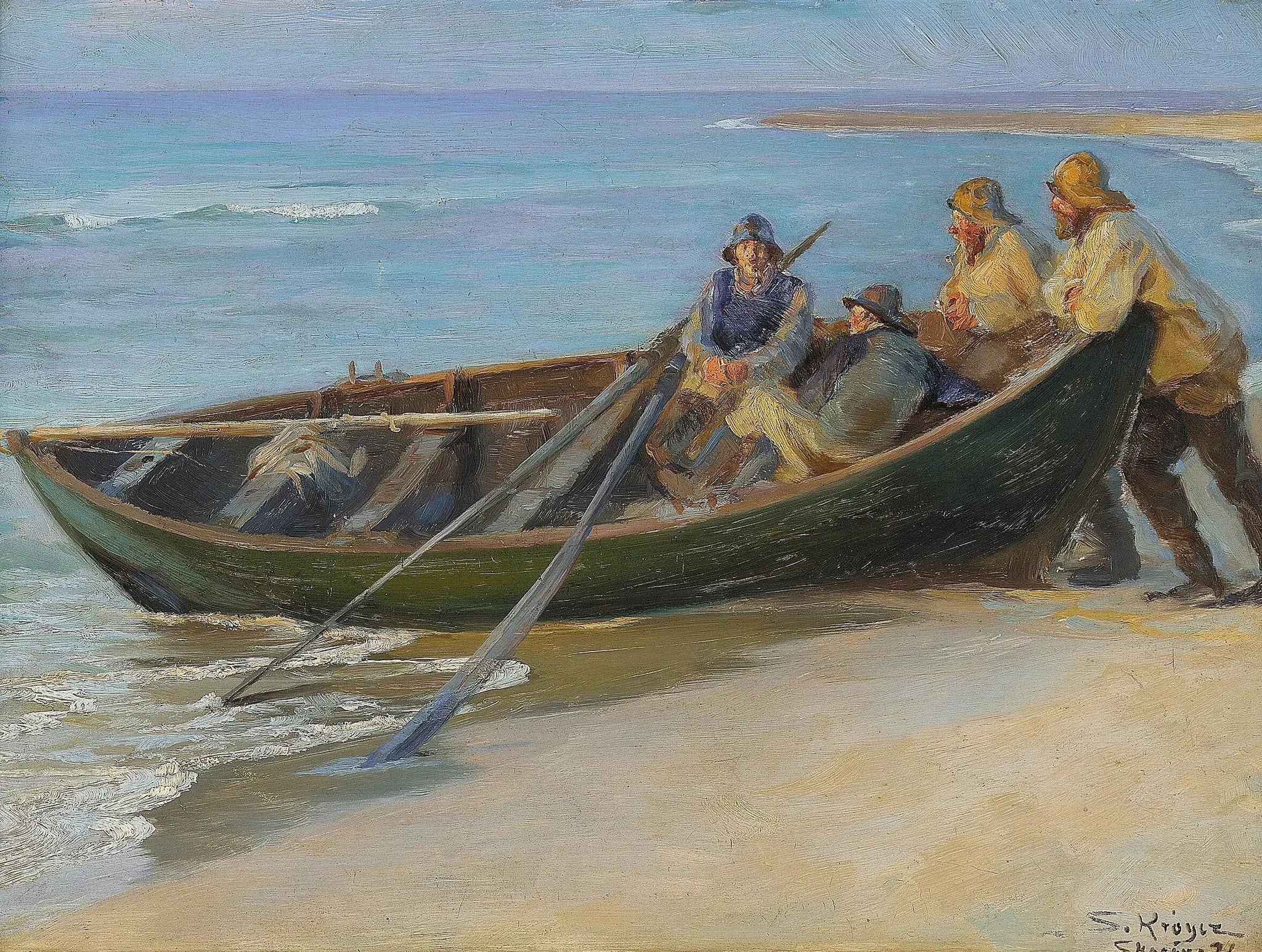 Plage nord de Skagen. Un bateau vert au bord de l'eau. Deux pêcheurs assis dans le bateau, appuyés sur les bastingages. À l'intérieur, une gaffe et deux rames. - Peder Severin Krøyer image 1 tableau peint à l’huile sur toile
