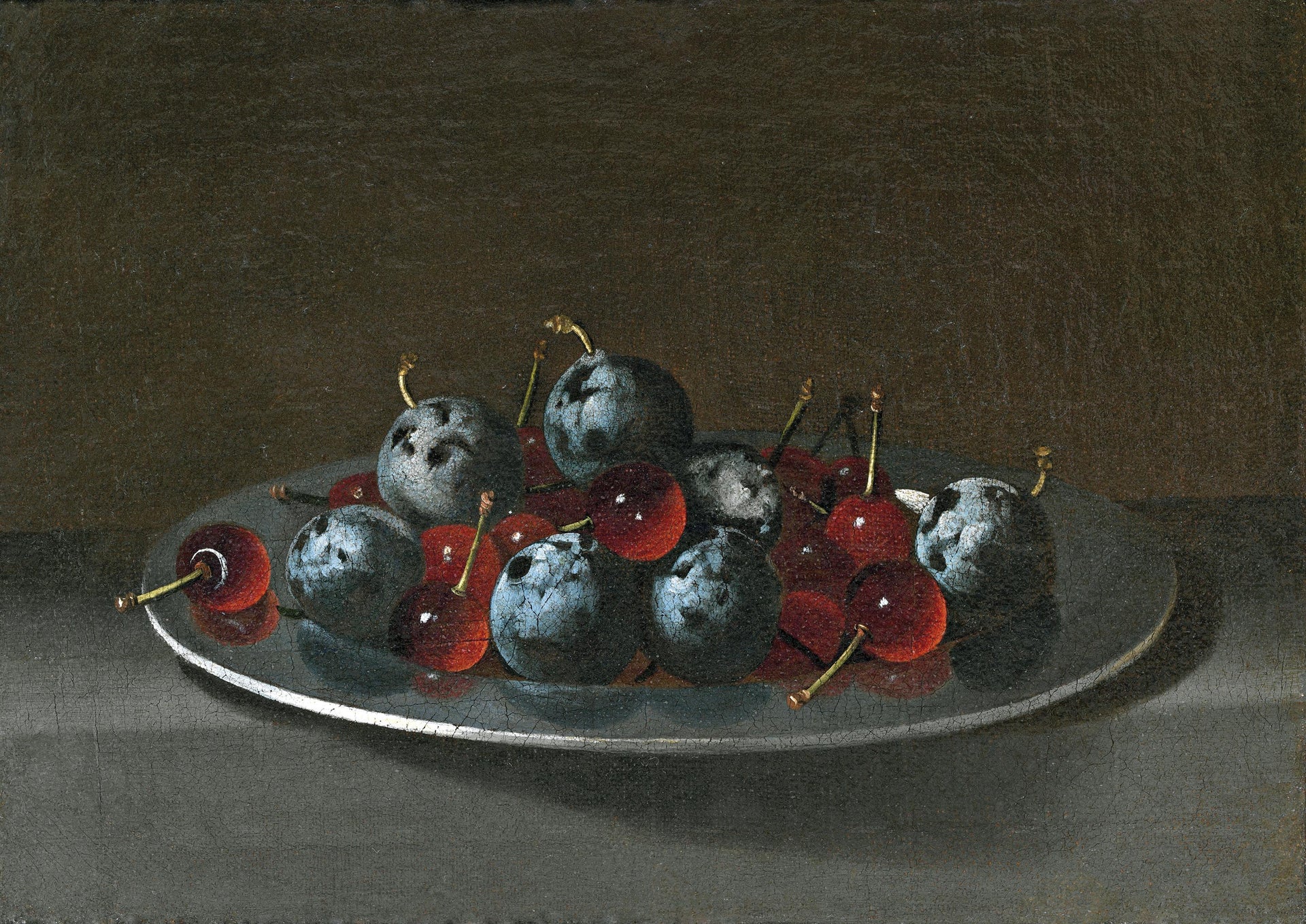 Plat avec pruneaux et cerises - Juan van der Hamen image 1 reproduction de peinture à l’huile