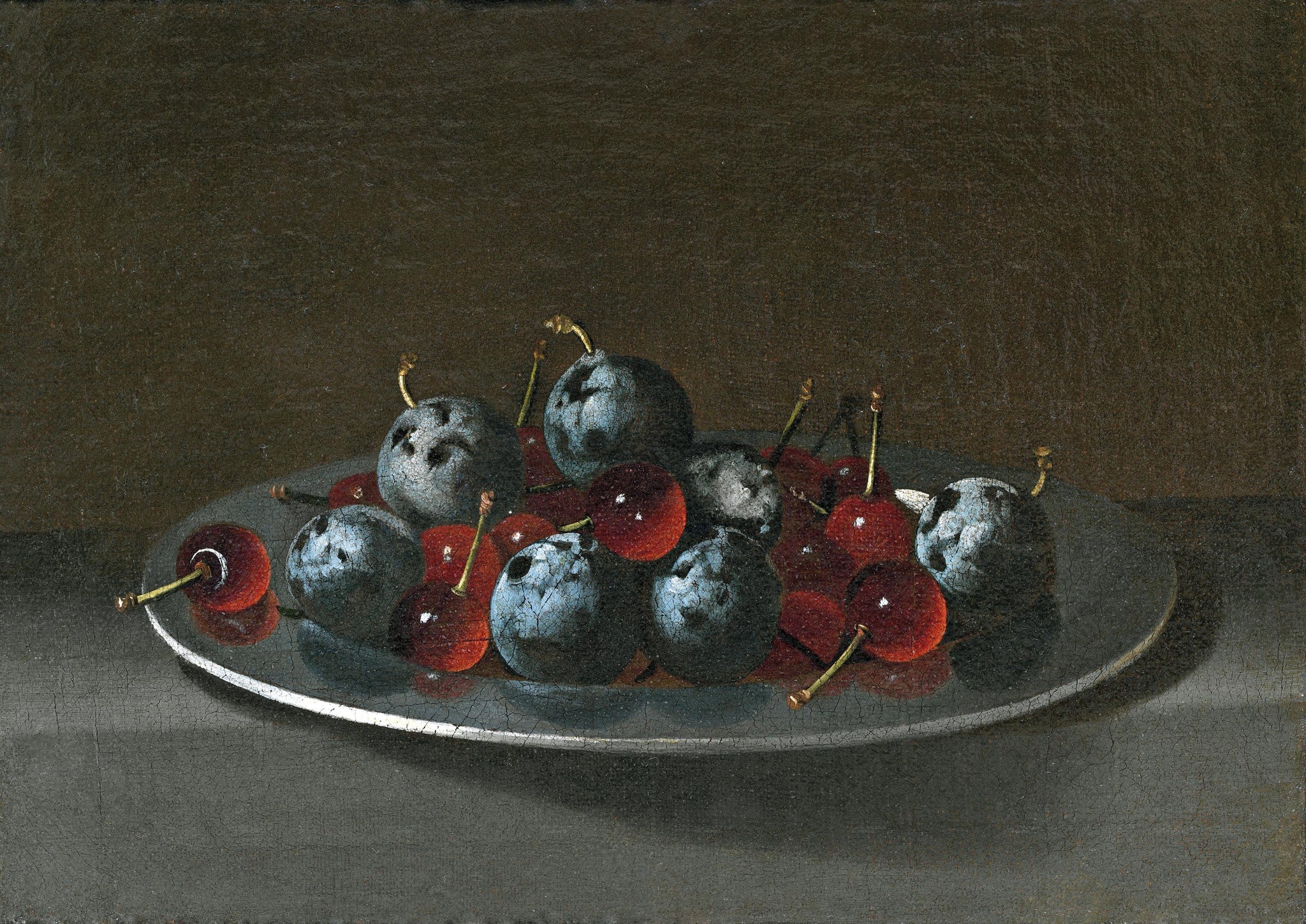 Plat avec pruneaux et cerises - Juan van der Hamen image 1 reproduction de peinture à l’huile