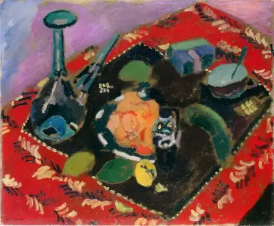 Plats et fruits sur un tapis rouge et noir (Le Tapis Rouge) - Henri Matisse image 1 reproduction artisanale de tableau