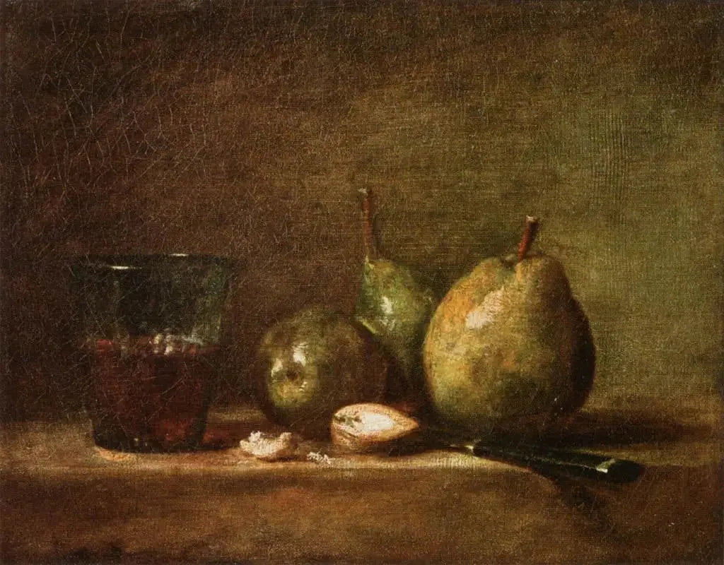 Poires, noix et verre de vin - Jean Siméon Chardin image 1 tableau peint à l’huile sur toile