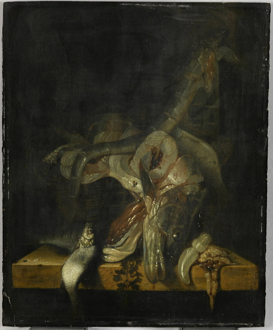 Poissons morts débordant d'un panier posé sur une tablette de pierre - Jacob Gillig