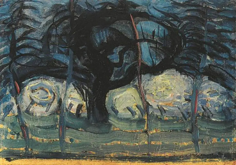 Pommier en bleu avec des lignes ondulées I - Piet Mondrian image 1 reproduction artisanale de tableau