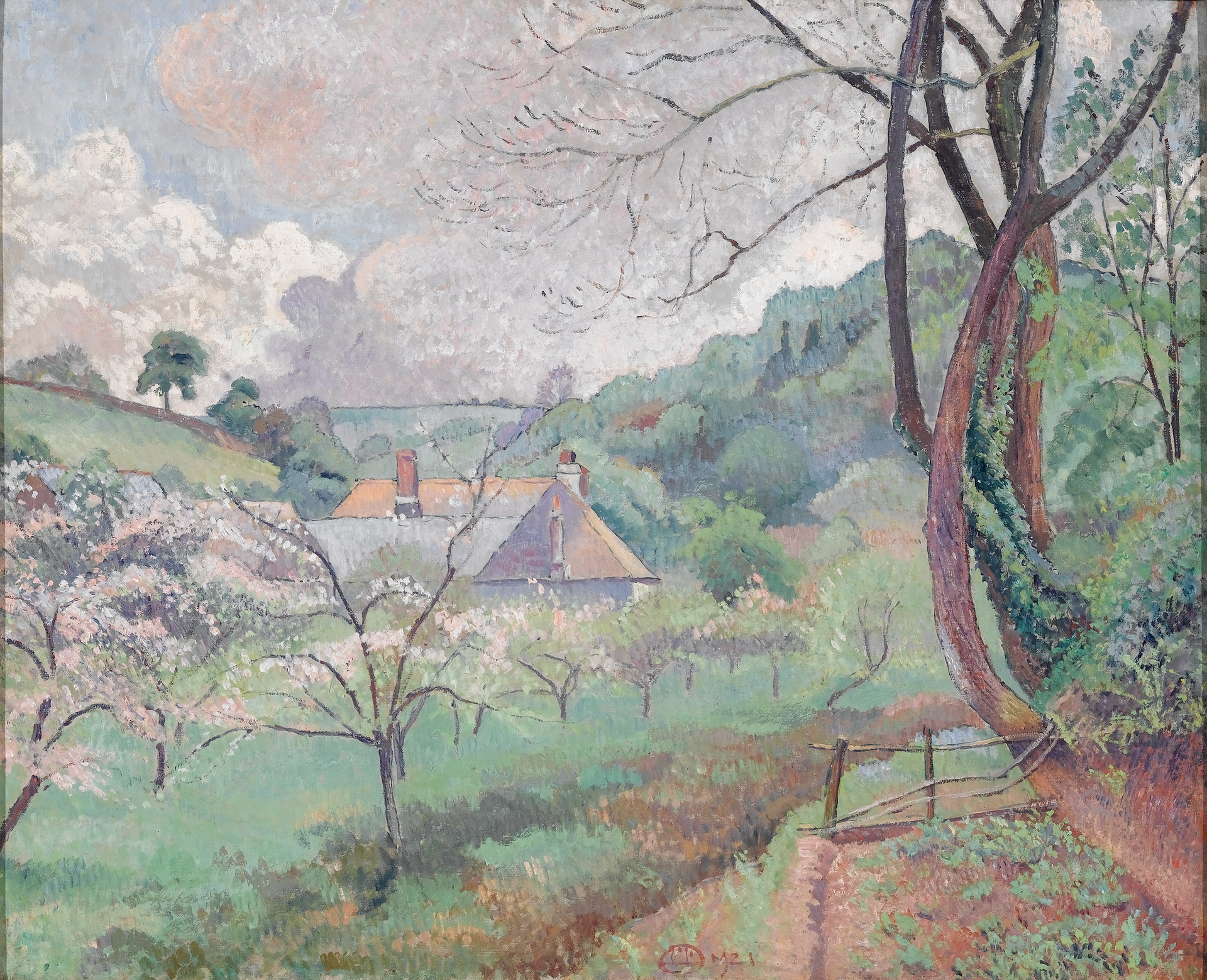 Pommier en fleurs, ferme de Riversbridge, Blackpool, Devon - Lucien Pissarro image 1 copie de tableau peinte à la main