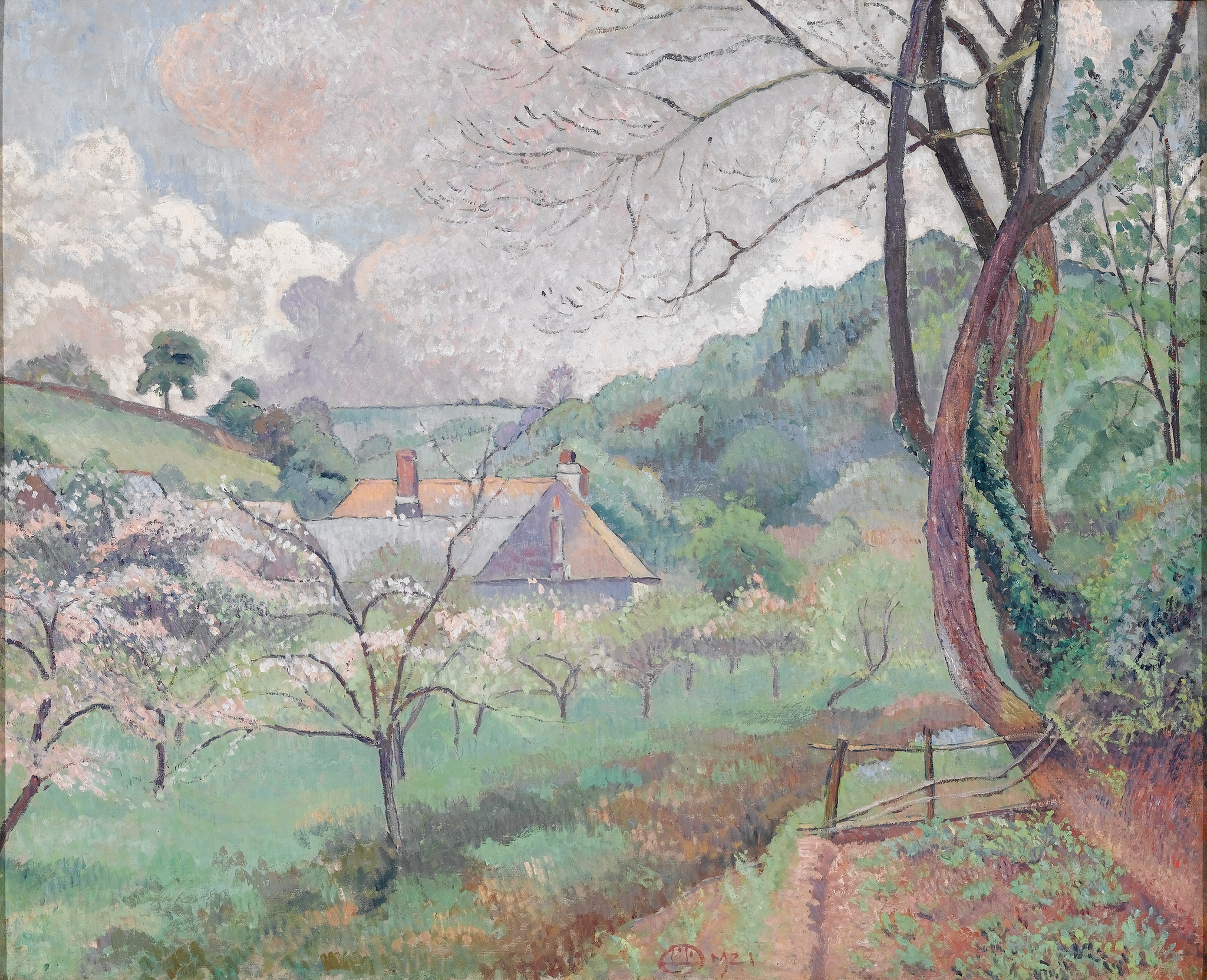 Pommier en fleurs, ferme de Riversbridge, Blackpool, Devon - Lucien Pissarro image 1 copie de tableau peinte à la main