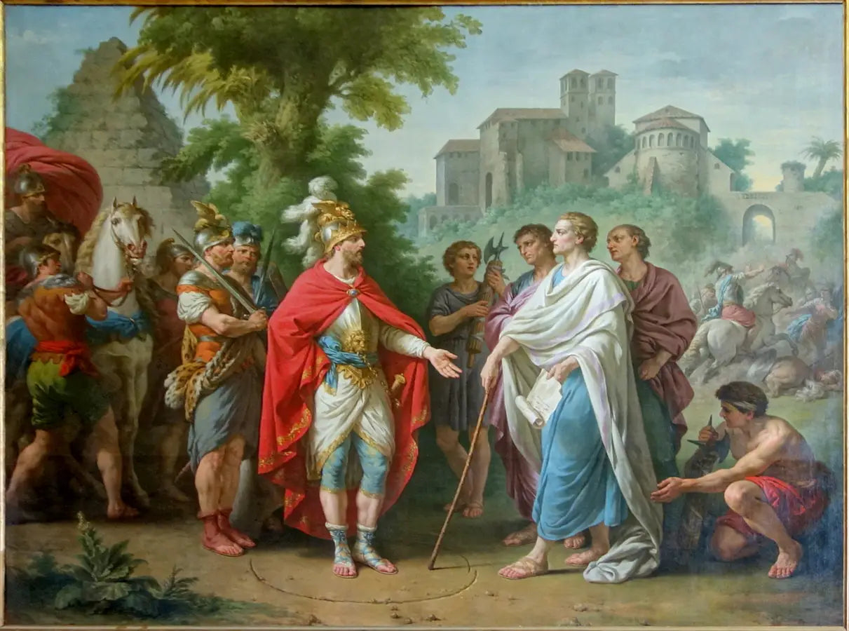 Popilius envoyé en ambassade auprès d'Antiochus Epiphane pour arrêter le cours de ses ravages en Egypte - Louis Jean François Lagrenée image 1 copie de tableau peinte à la main