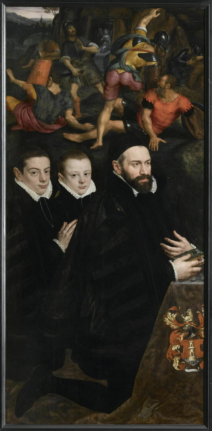 Portrait d'Antonio del Rio et ses fils (Martin, Antoine et Jérôme), avec la Résurrection du Christ à l'arrière-plan - Adriaen Thomasz. Key