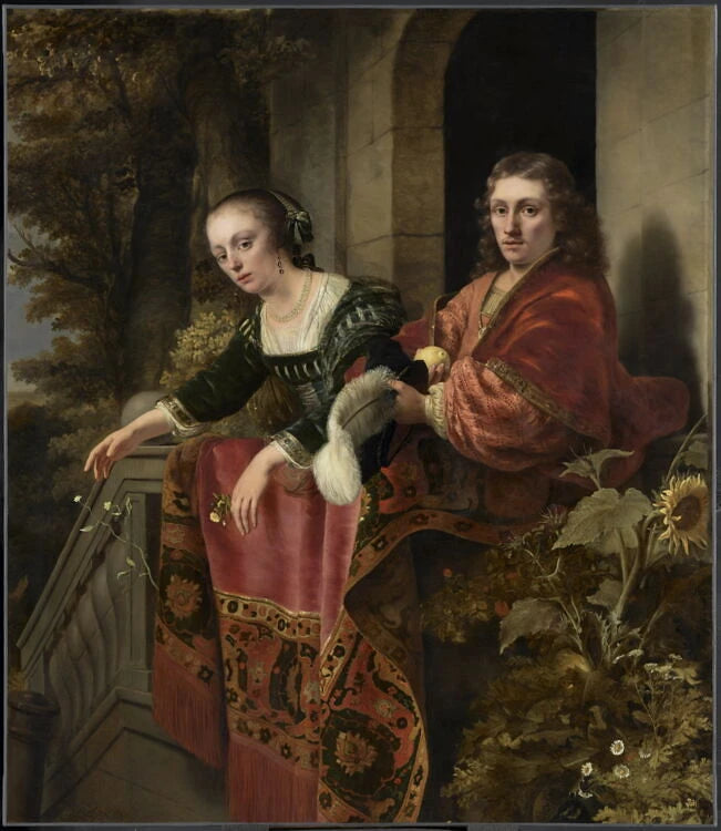 Portrait d'un couple accoudé à la balustrade d'un perron, dit autrefois Portrait du peintre Ferdinand Bol et de sa femme Lisbeth Dell - Ferdinand Bol