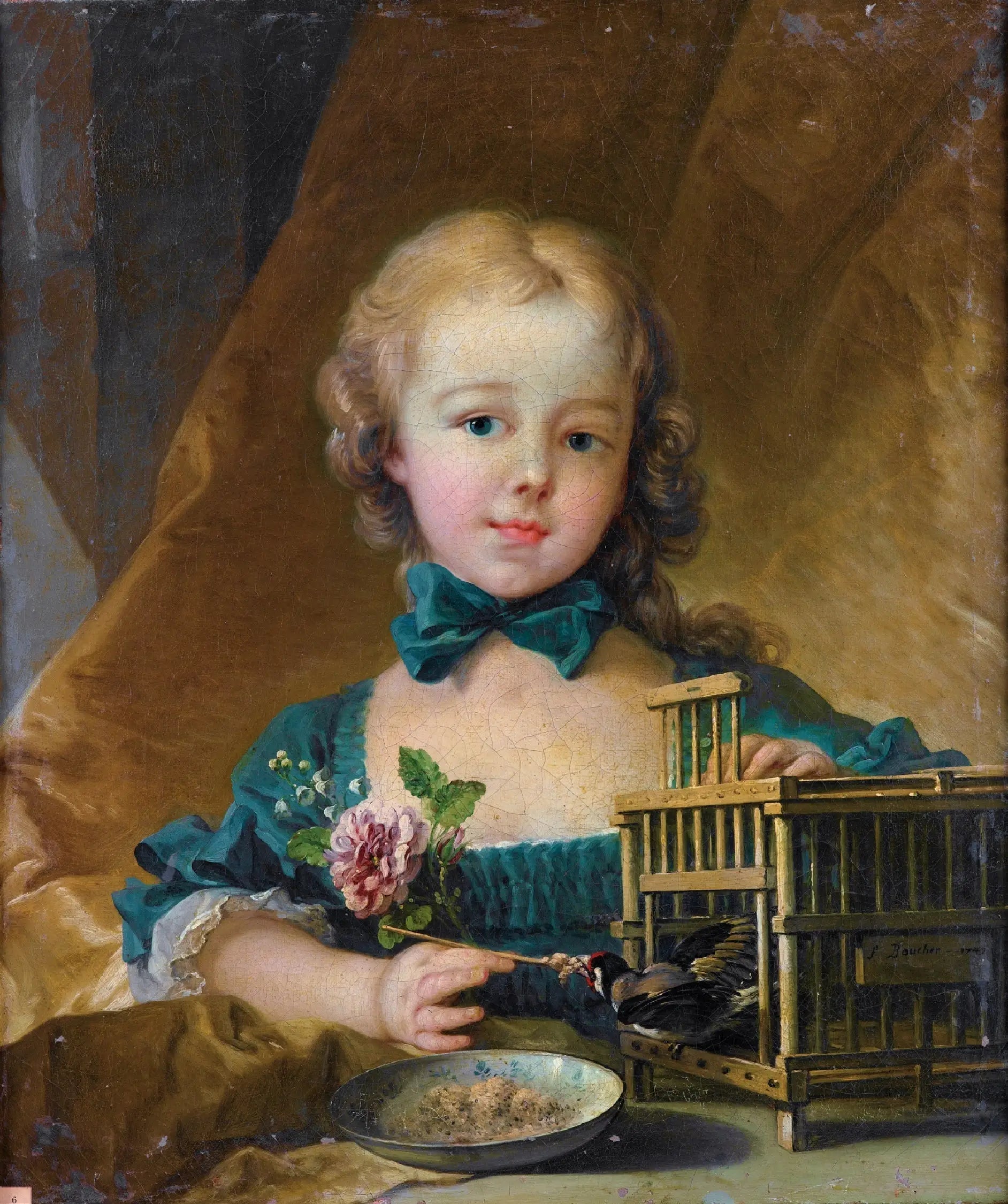 Portrait d'Alexandrine Le Normant d'Étiolles jouant avec un chardonneret - François Boucher image 1 reproduction de peinture à l’huile