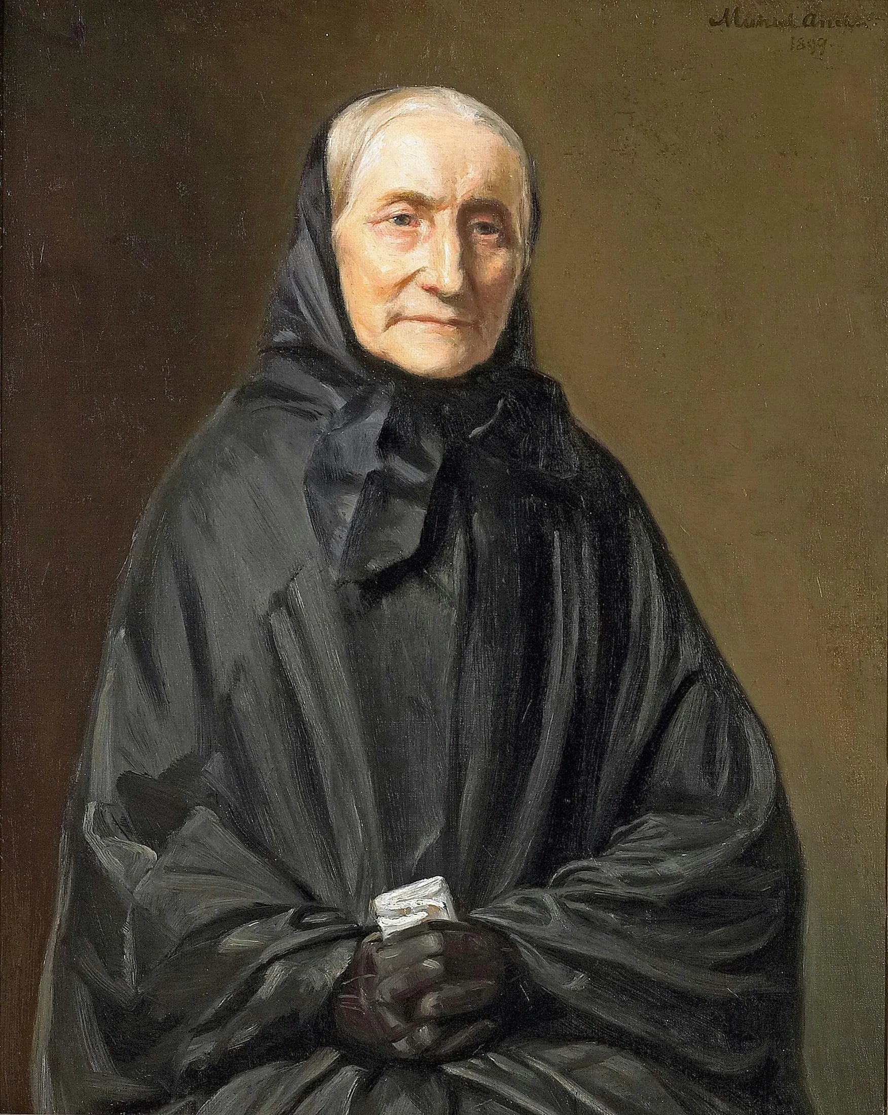 Portrait d'Ane Hedvig Brøndum en robe noire, assise les mains jointes. - Michael Peter Ancher image 1 reproduction artisanale de tableau