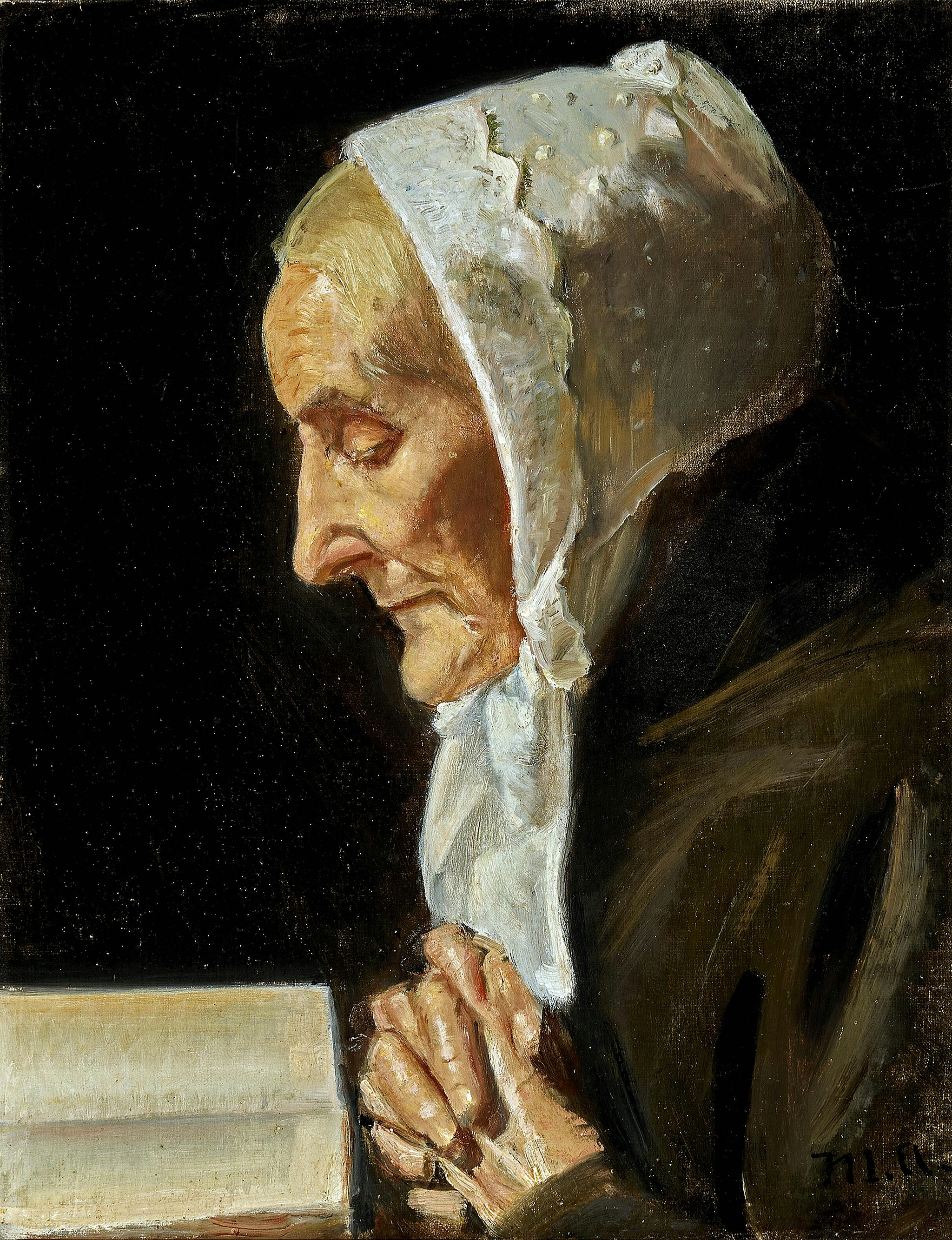 Portrait d'Ane Hedvig Brøndum lisant sa Bible. - Michael Peter Ancher image 1 reproduction d’œuvre d’art à l’huile