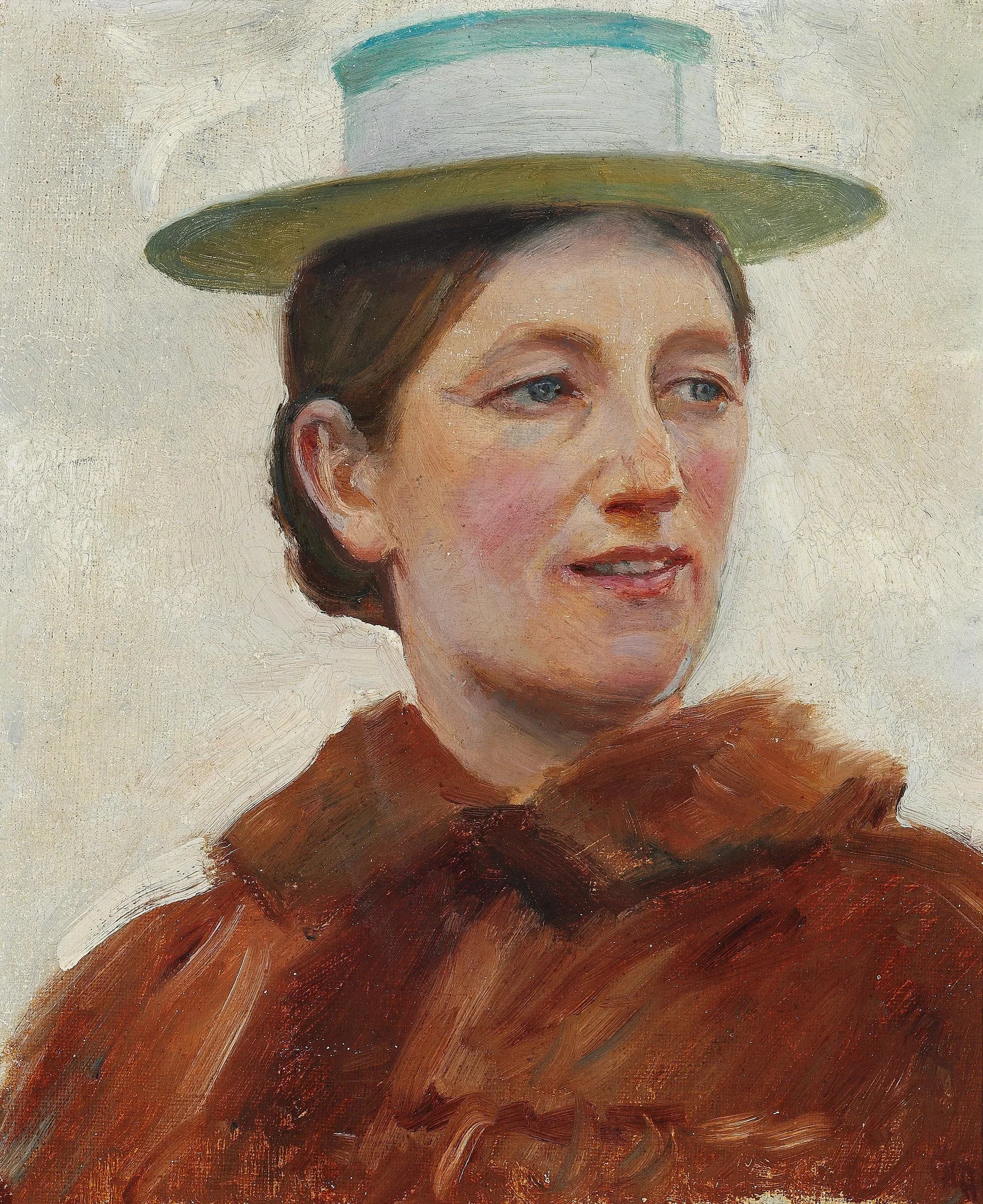 Portrait d'Anna Ancher portant un chapeau de paille à rayures vertes. - Michael Peter Ancher image 1 reproduction d’œuvre d’art à l’huile