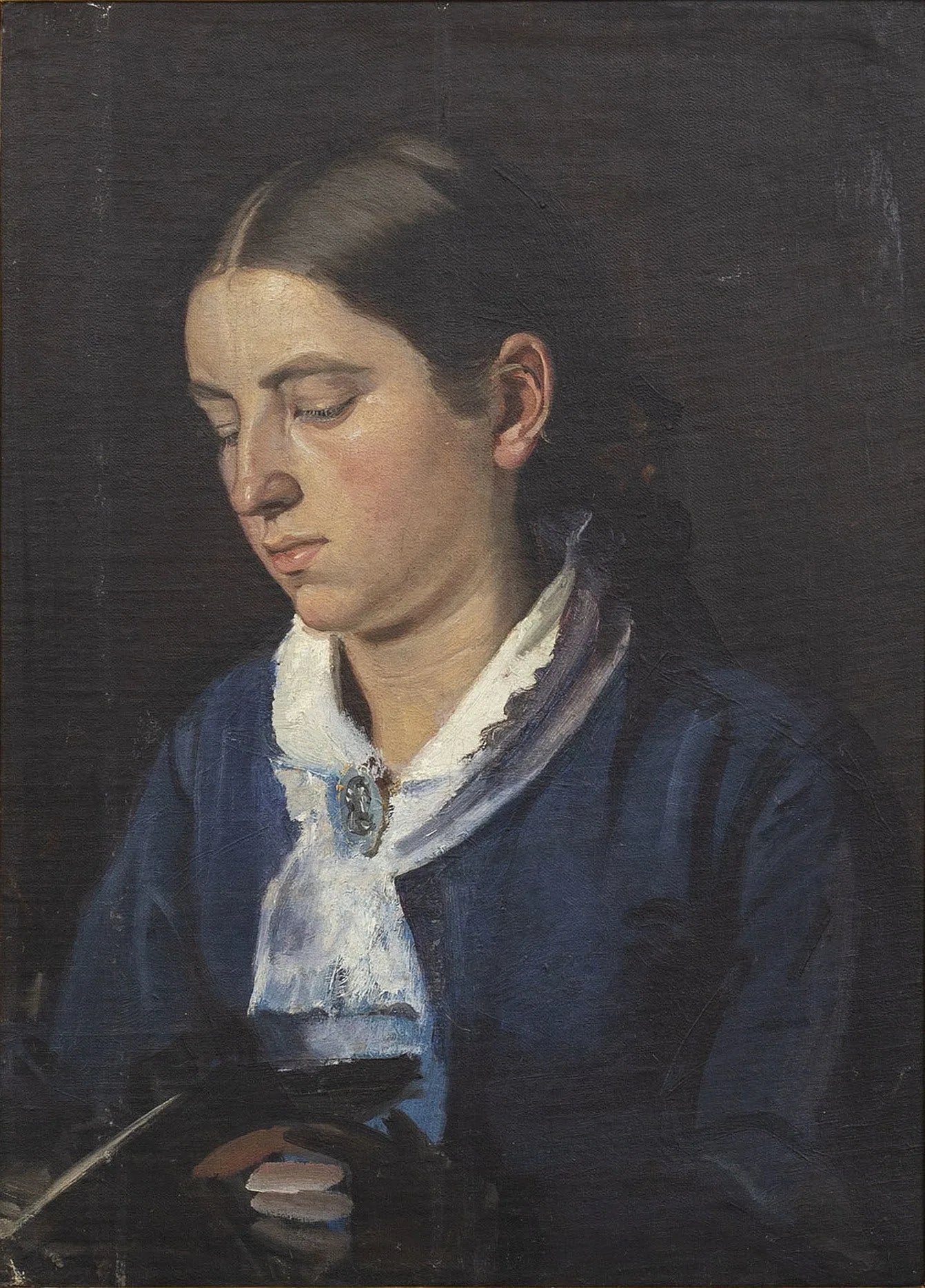 Portrait d'Anna Brøndum en robe bleue, en train de lire. - Michael Peter Ancher image 1 copie de tableau peinte à la main