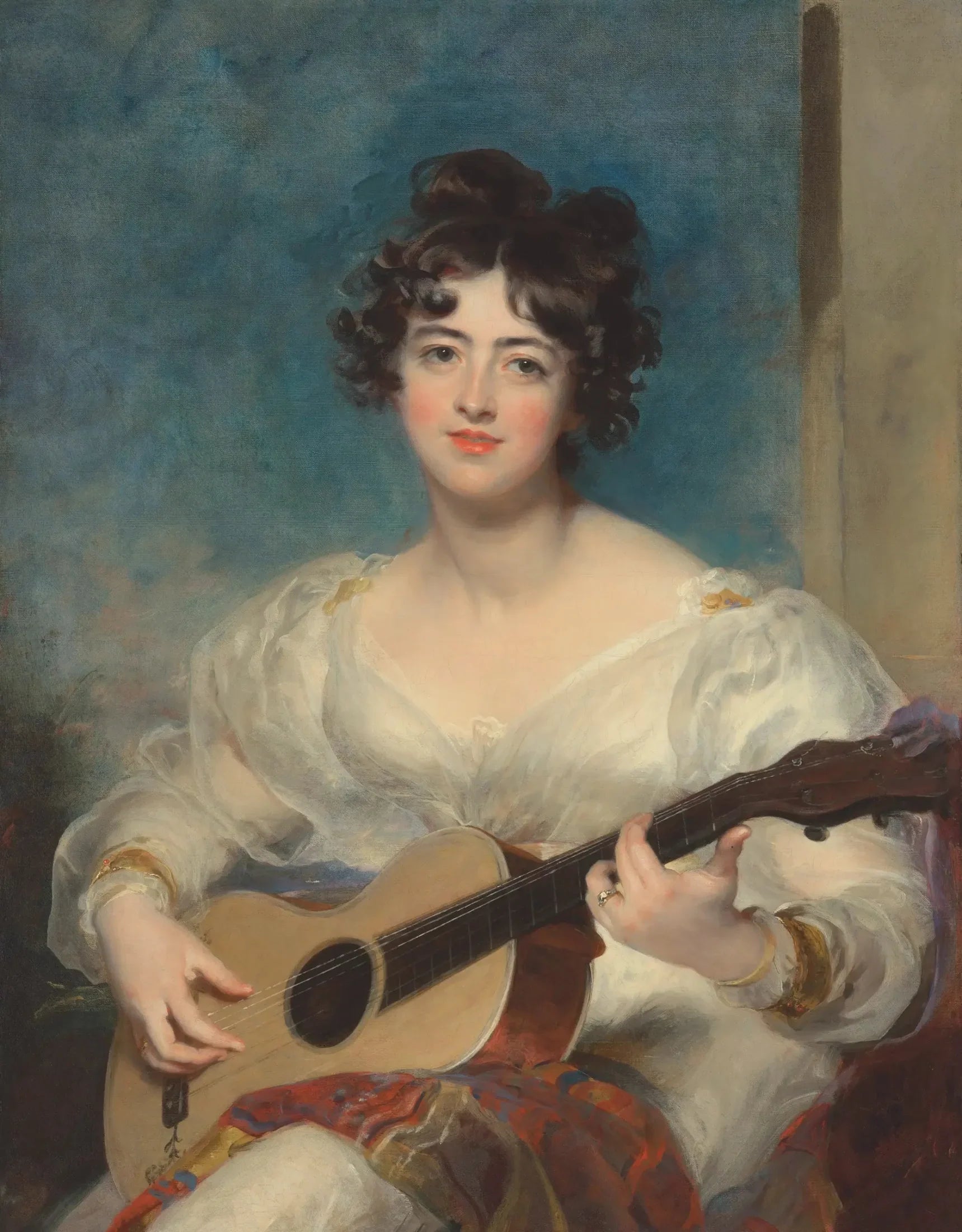 Portrait d'Elizabeth Blake, Lady Wallscourt, jouant de la guitare - Thomas Lawrence image 1 tableau peint à l’huile sur toile