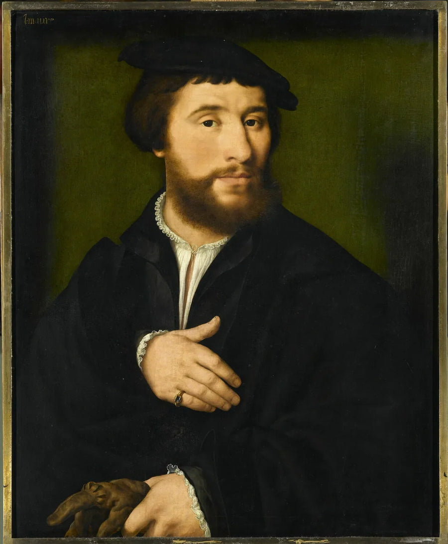 Portrait d'homme habillé de noir et tenant d'une main ses gants - Joos van Cleve