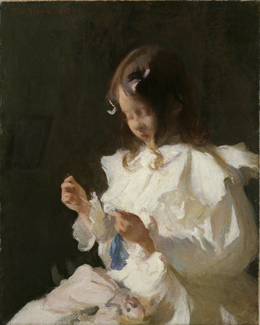 Portrait d'un enfant cousant - Frank Weston Benson image 1 copie peinte à la main à l’huile