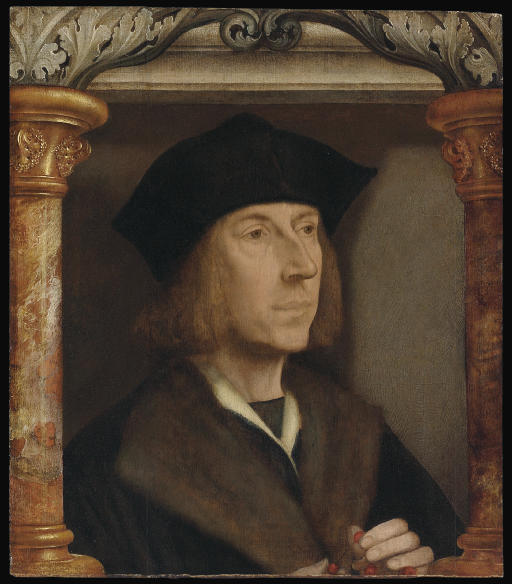 Portrait d'un homme, en buste, vêtu d'un manteau doublé de fourrure, récitant un chapelet, dans un cadre architectural - Quentin Metsys