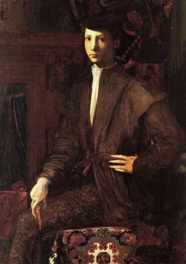 Portrait d'un jeune homme assis sur un tapis - Rosso Fiorentino image 1 reproduction de peinture à l’huile