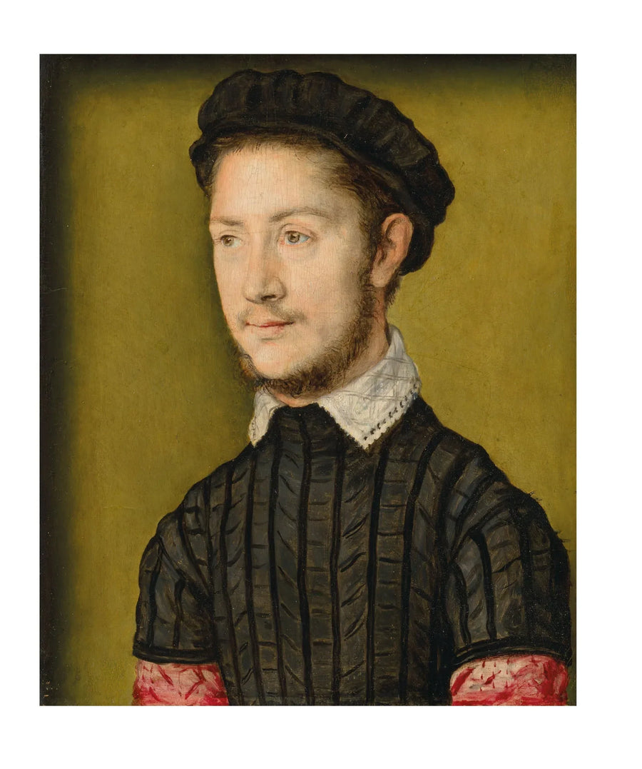 Portrait d'un jeune homme portant un pourpoint noir à fentes et une casquette noire - Corneille de Lyon
