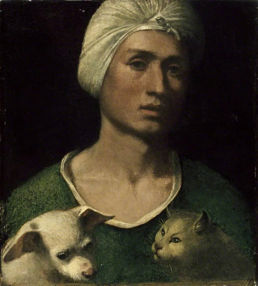 Portrait d'un jeune homme tenant un chien et un chat - Dosso Dossi image 1 tableau peint à l’huile sur toile