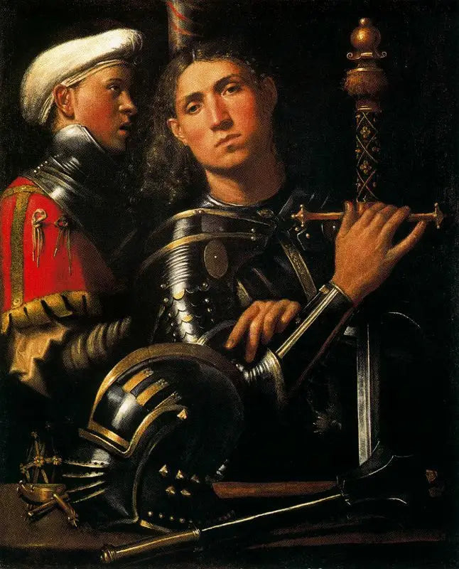 Portrait d'un soldat avec son écuyer - Giorgione image 1 reproduction artisanale de tableau